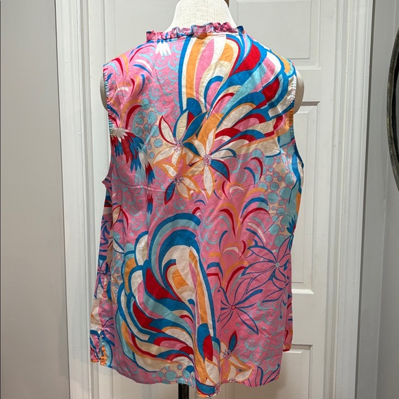 Talbots sz 2X sleeveless cotton patterned ruffle neck top - Picture 4 of 6